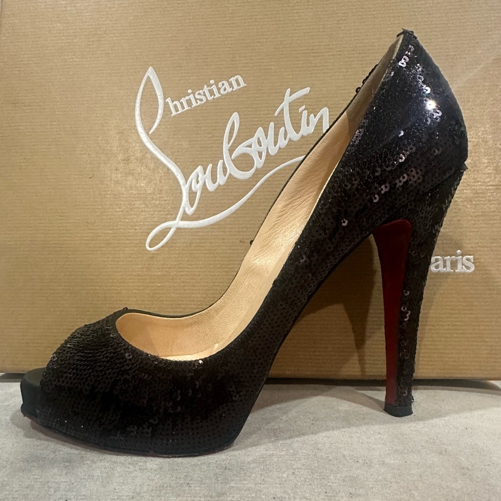 Christian Louboutin Black Sequin Peep-Toe Pump
